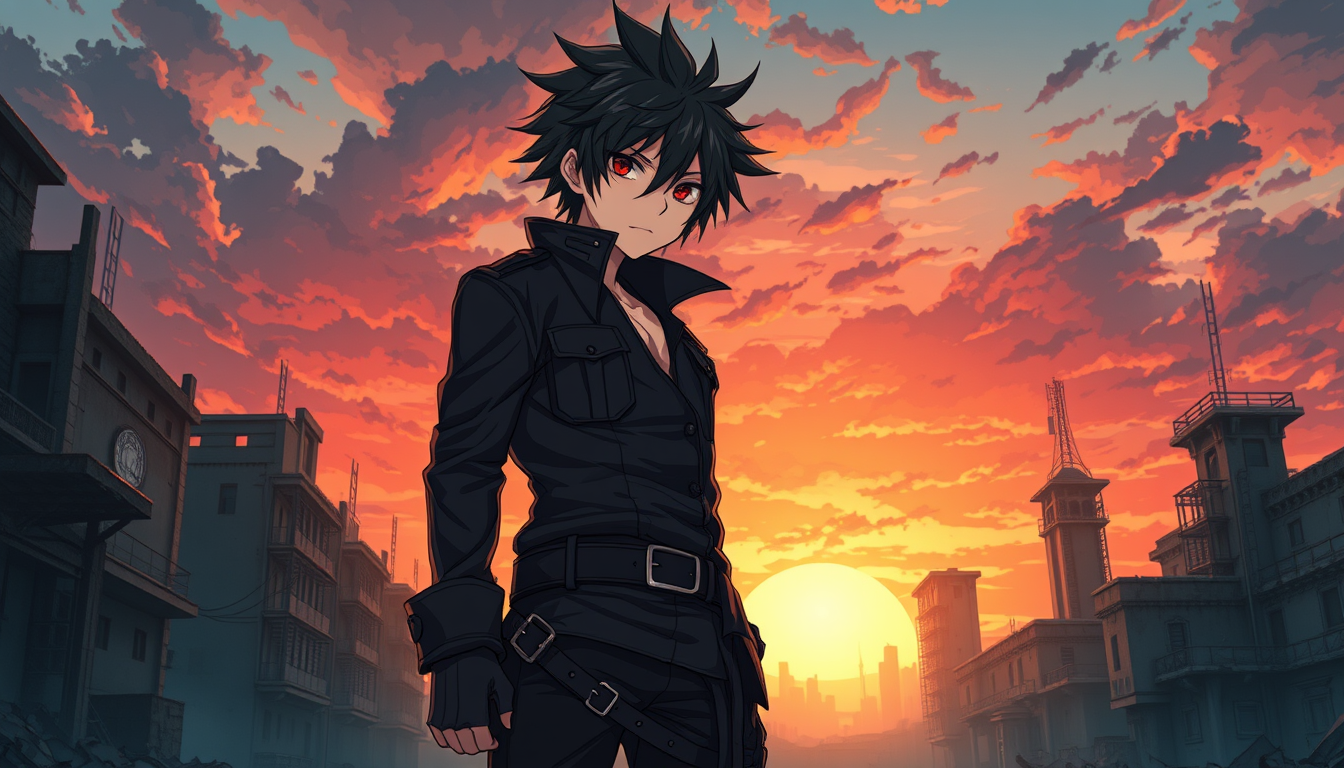 AI Art prompt example created from the prompt: masterpiece, best quality, ultra detailed, original anime character, 16-year-old teenage boy, crimson red eyes, messy black hair, sharp faci
