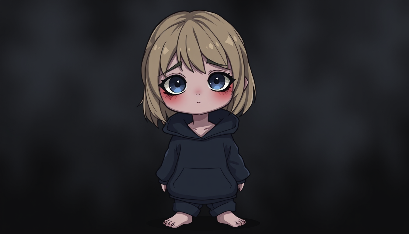 AI Art prompt example created from the prompt: semi-realistic and indie art style 2D horror game character, teenage daughter Mia, shoulder-length messy blonde hair, pale gray skin, large