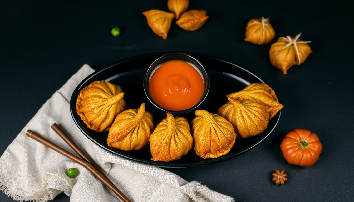 Main art studio: Chicken Fried Momos long shaped (Cresent moon) with dark backgrounds and black crockery and orange momos chutney in the centre. it should be from the 