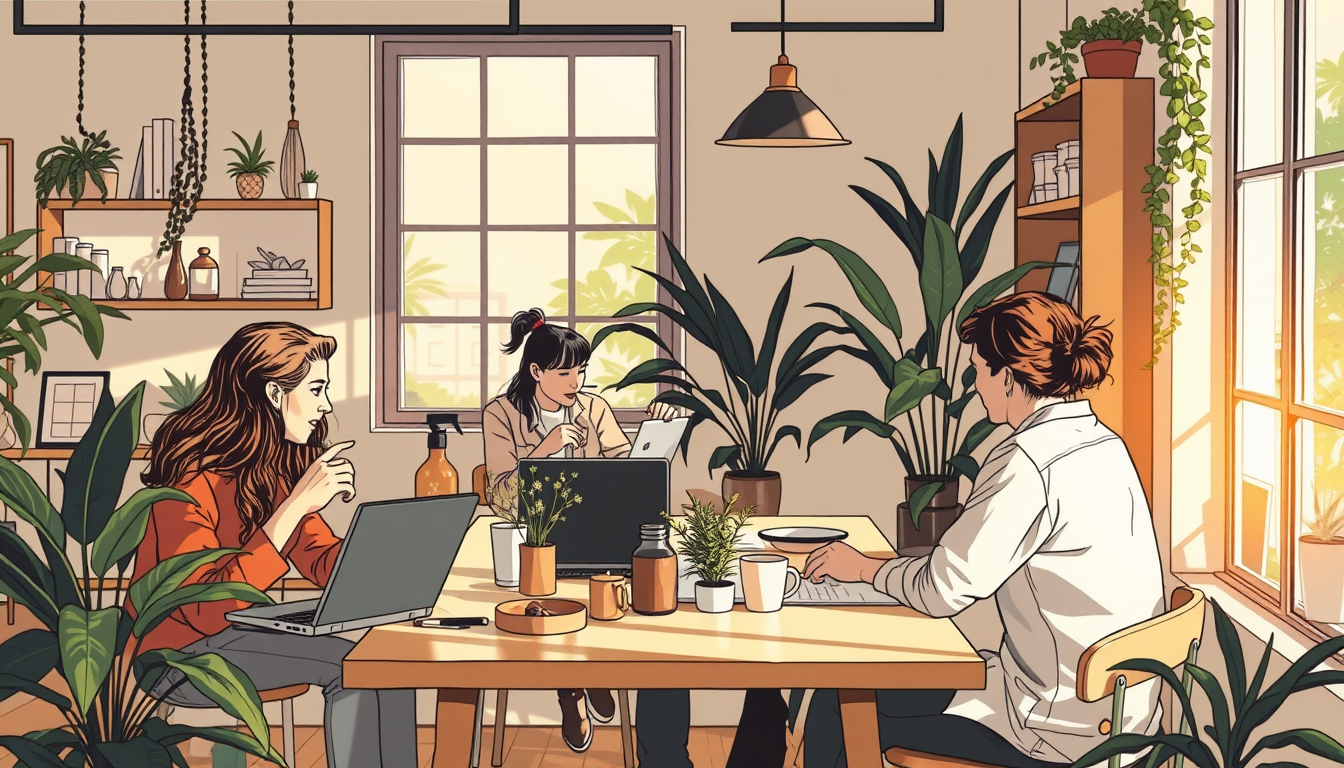 Main art studio: un espace de travail chaleureux avec des gens qui travaillent ensemble. certains boivent un café. la pièce est lumineuse, il y a des plantes. les gens