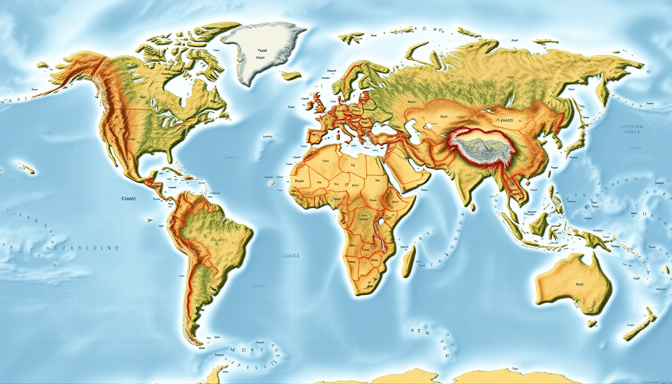 Fantasy Maps idea: a readable fictional world map with coherent coastlines, terrain regions, routes, and landmarks, deliberate composition, One continent mostly in the n