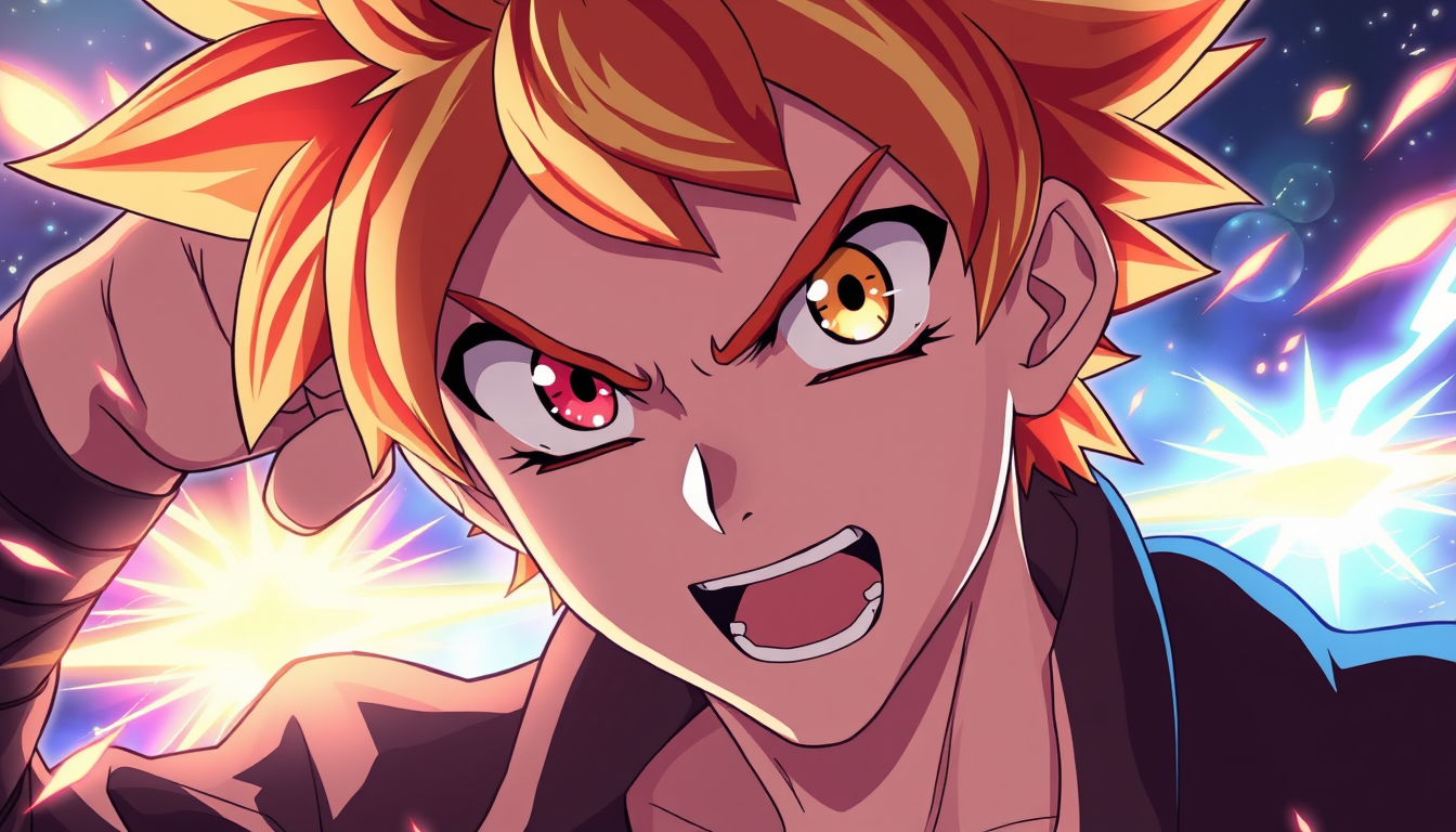 Anime idea: anime style, vibrant colors, expressive eyes, Un personaggio simile a bakugo ma non troppo con poteri di fuoco e bionfo , detailed anime illustration