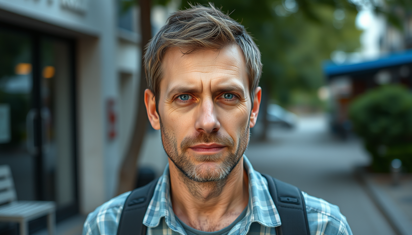 Realistic Images idea: photorealistic generated image, natural materials and skin texture, physically plausible lighting, Realistic smartphone photo of an ordinary 41-year-o