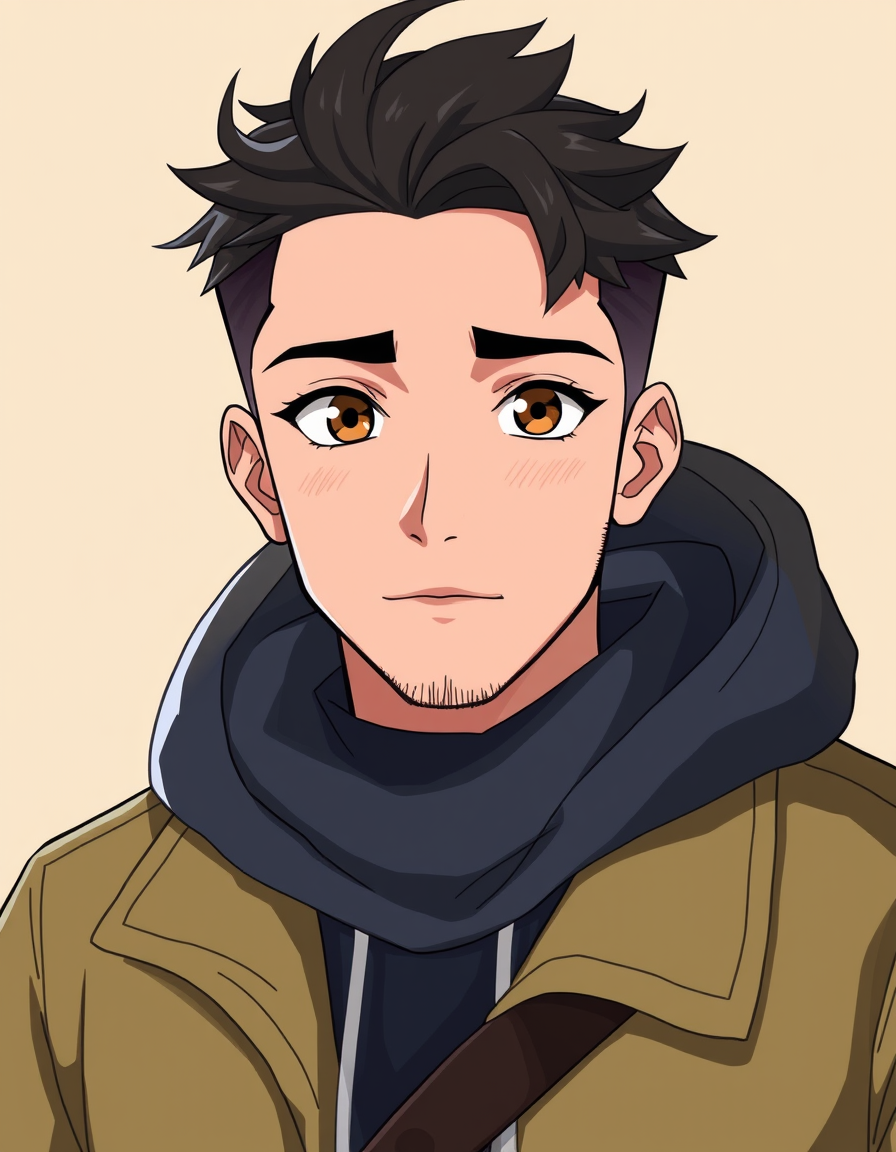 AI Art prompt example created from the prompt: i want a profie picture of a man with black and animated like a 2d anime charitor brown eyes and make sure he dont look gay