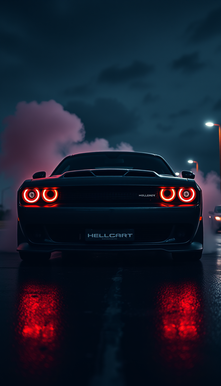 Main art studio: Vertical 9:16 mobile wallpaper, aggressive black Dodge Challenger SRT Hellcat parked on a dark wet road at night, glowing red headlights, dramatic smo