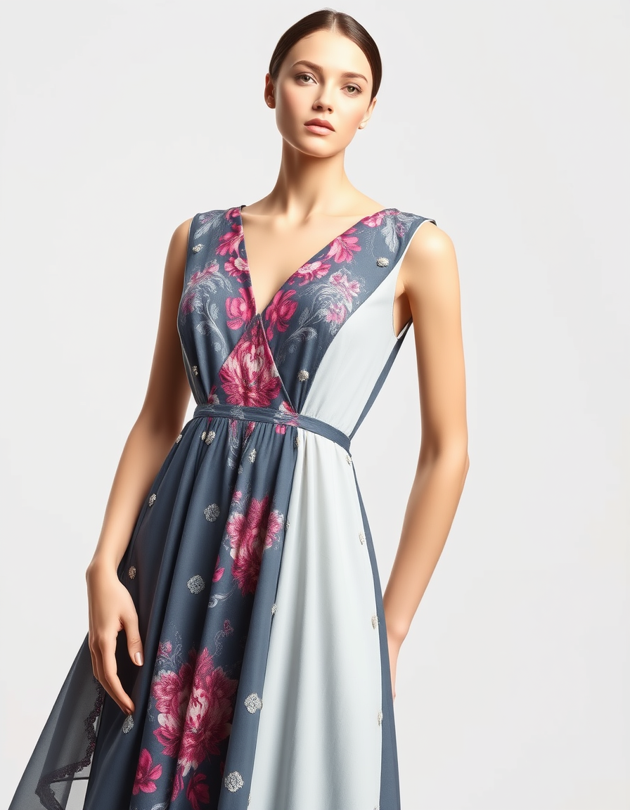 AI Art prompt example created from the prompt: Place the EXACT uploaded dress on a realistic fashion model. Do not alter, redesign, recolor, resize, restyle, or modify the dress in any wa