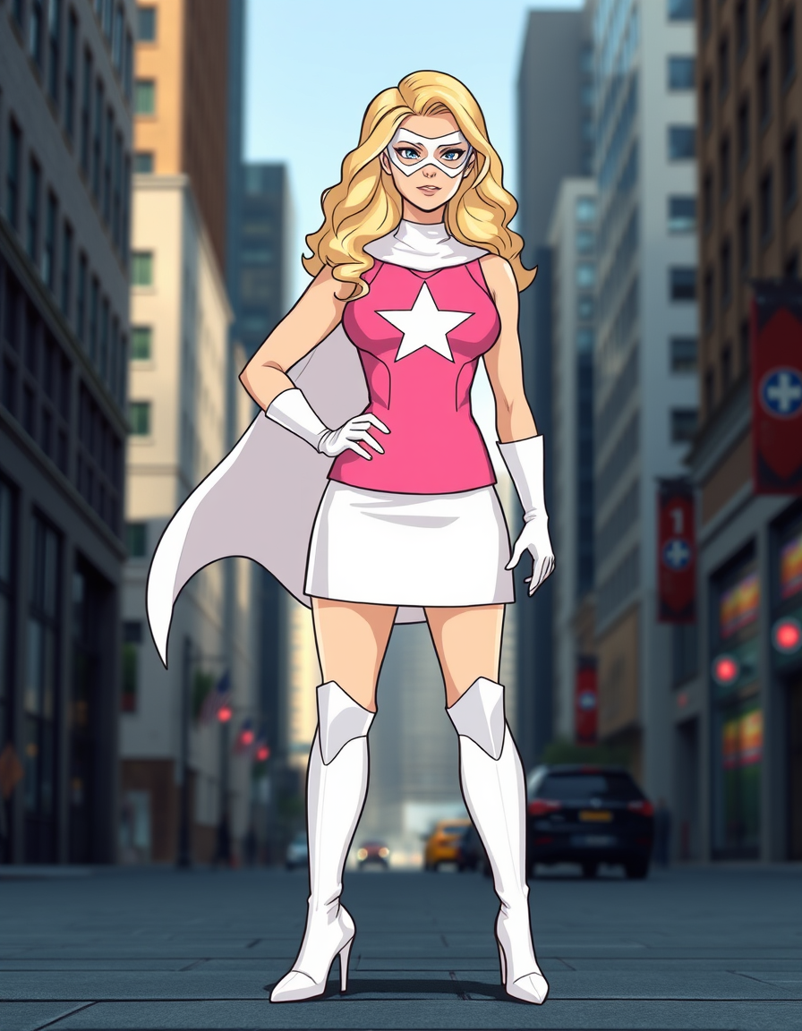 AI Art prompt example created from the prompt: Create a superhero character. Follow every listed detail exactly: female with wavy blonde hair. Pink sleeveless top, white gloves, white ski