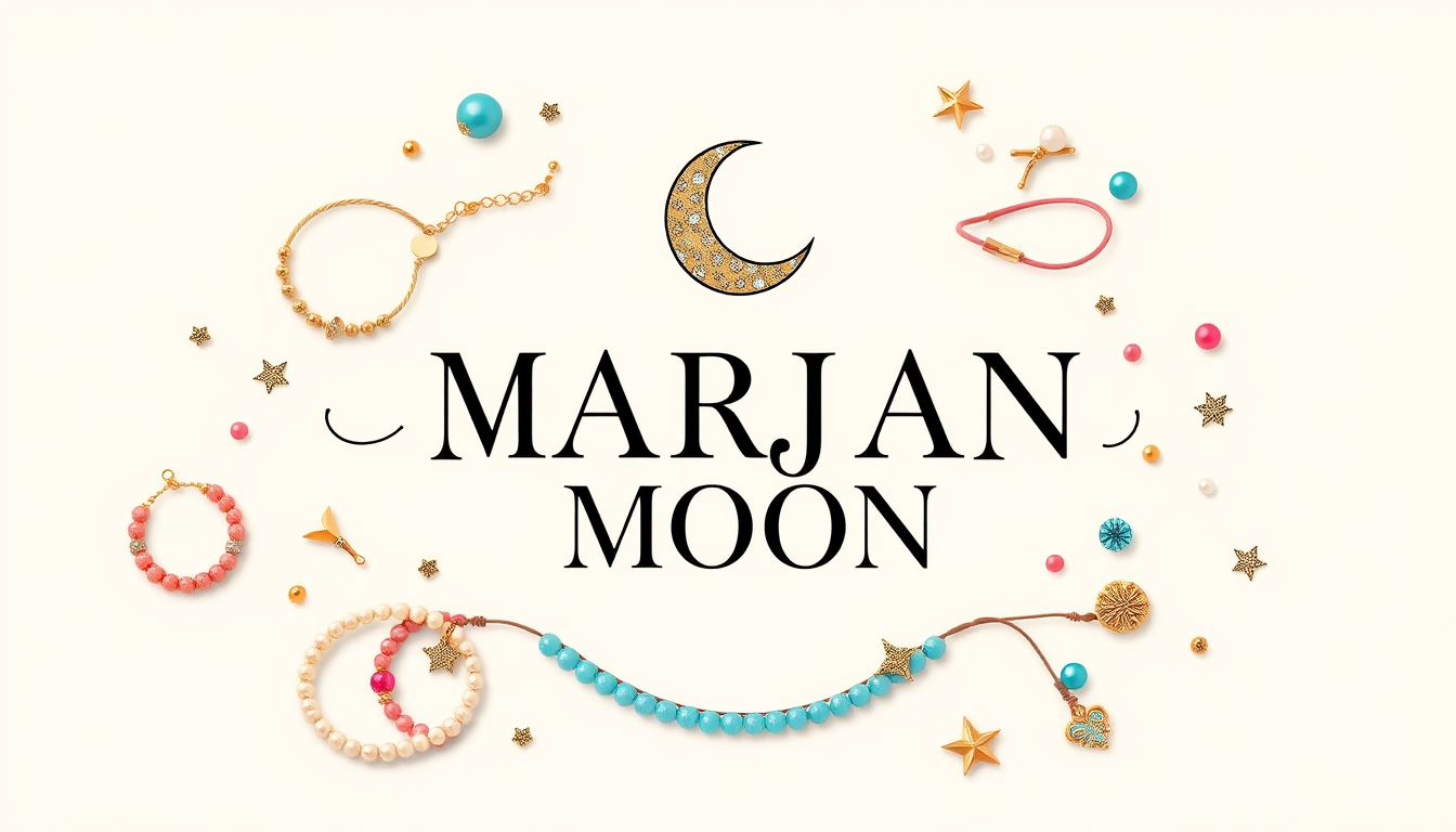 Main art studio: MARJAN MOON, beautiful cute jewelry brand logo, elegant black lettering, creamy ivory background, surrounded by colorful beads, pearls, bracelets, cut