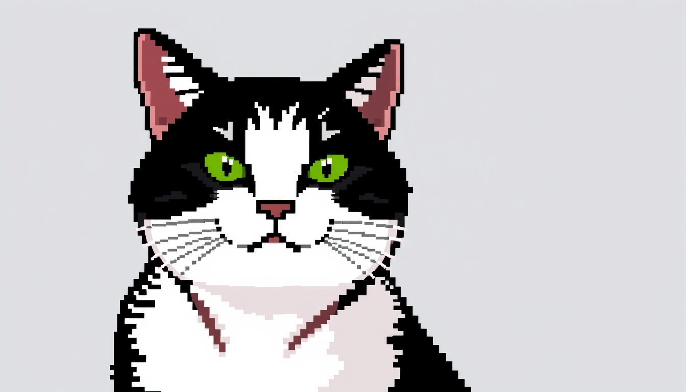 AI Pixel Art idea created from the prompt: pixel art, 32x32 sprite scale, limited palette, retro 16-bit game art, pixel art, 8x8 Bits Bild einer Katze in schwarz weiß , crisp pixel pe