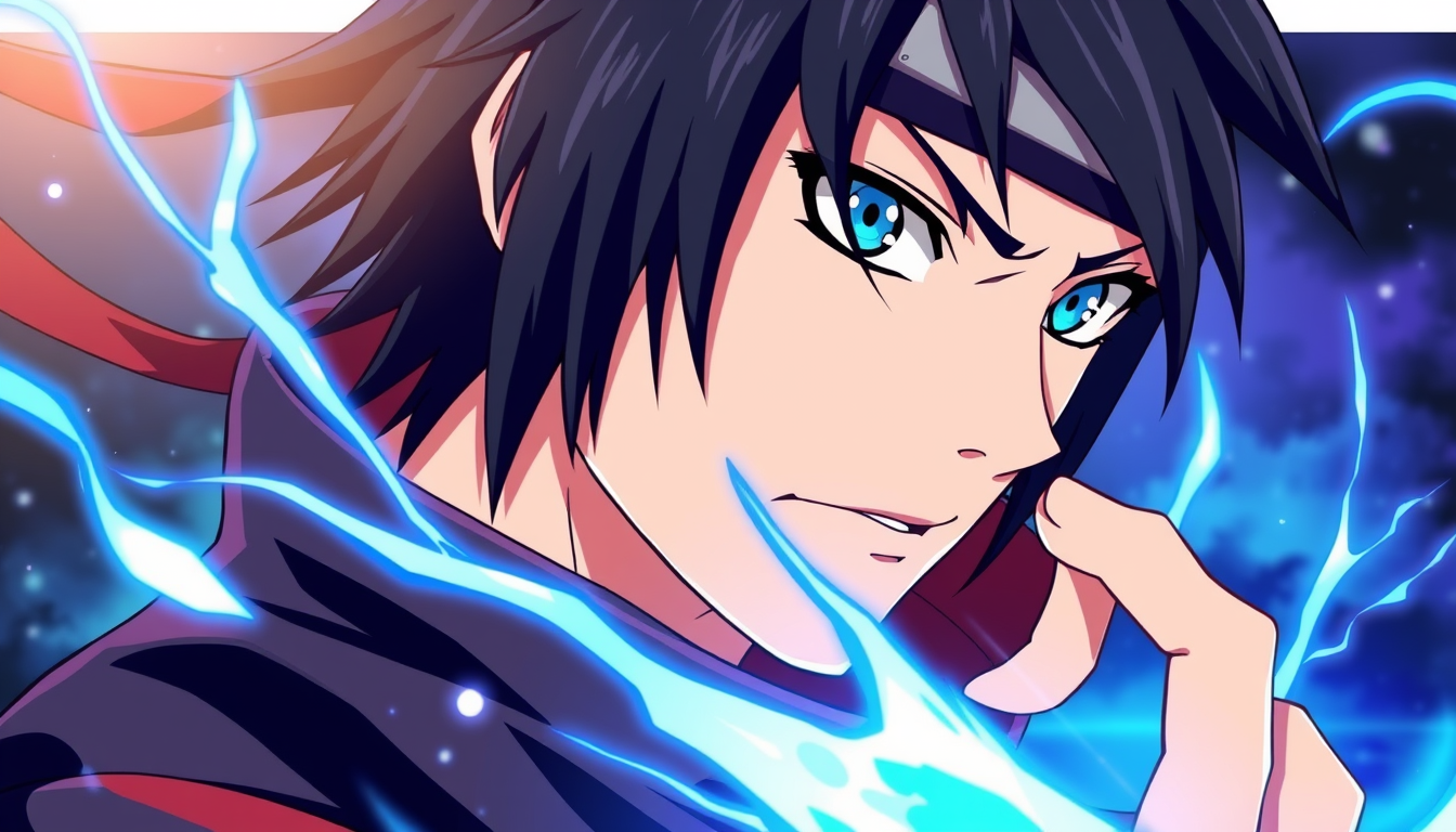 Anime idea: anime style, vibrant colors, expressive eyes, Un perso drole et quand il s enerve il change direct avec le dourore de naruto et les cheiveux d ichigo