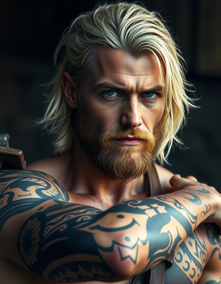Main art studio: a blonde haired warrior like man with tribal tattoos allover his arms and stiking blue eyes. The tattoos should be something that screams I am the son