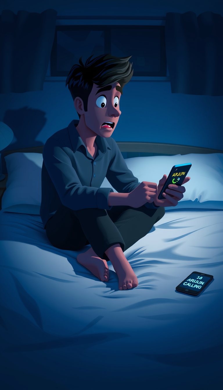 Characters idea: an original character defined by silhouette, role, outfit, palette, and expression, deliberate composition, Arjun sitting alone on his bed at night, l