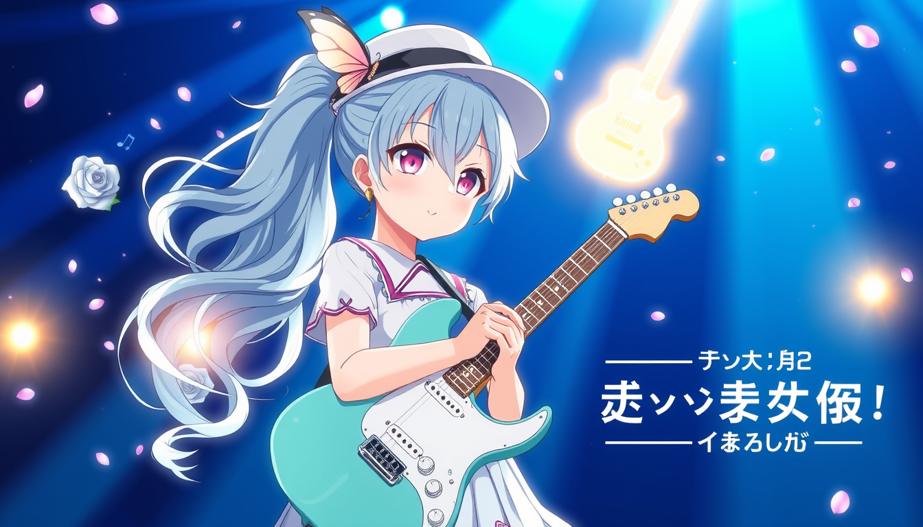 AI Art prompt example created from the prompt: A beautiful 14-year-old Japanese anime girl named Asahina Meguri, a talented electric guitarist, standing confidently on a dramatic concert