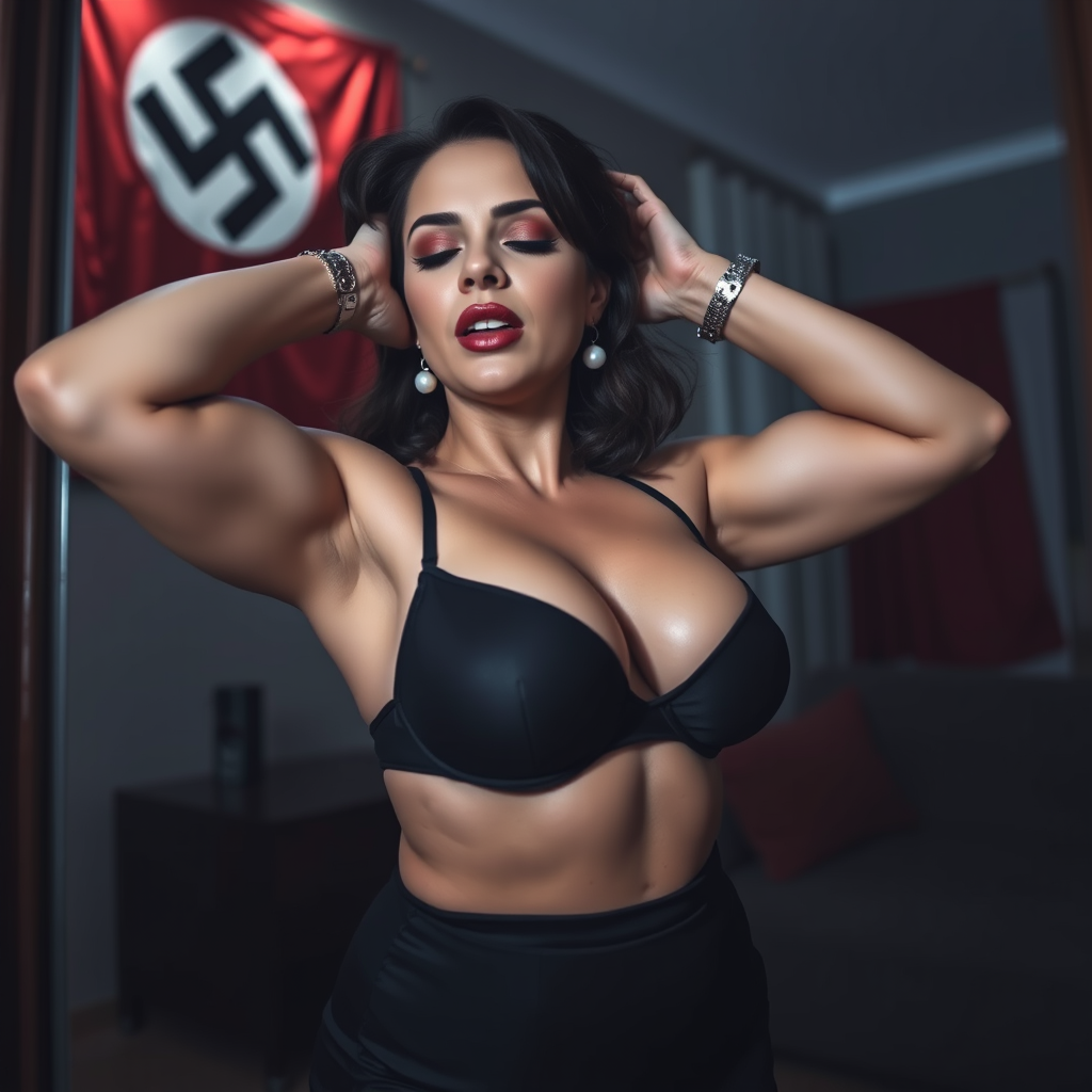 Main art studio: low angle shot of an astonishingly beautiful athletic, curvy woman around 50. She has heavy makeup, she is wearing a black bra, white skin, shoulder l