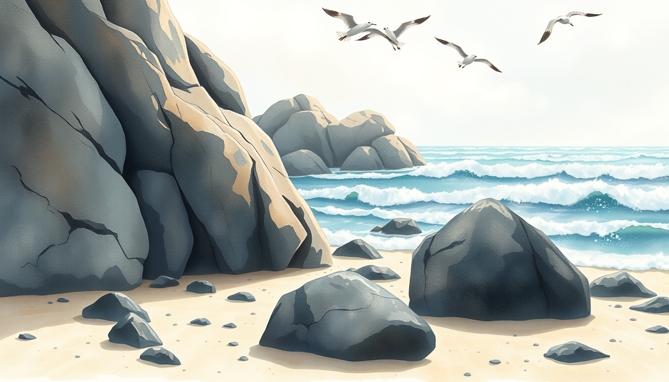 Main art studio: an illustration for the children book : The lonely black rocks remain hidden in the shadow of huge seaside boulders. Seagulls fly overhead while the w