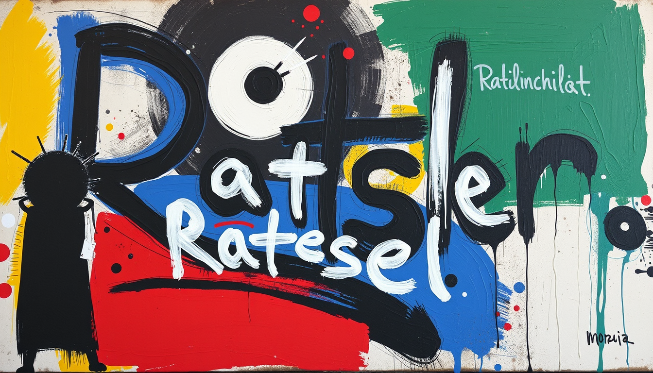 Main art studio: Painting in style of Joan Miro looking like a street art graffiti, written word is "Rätselcharakter"