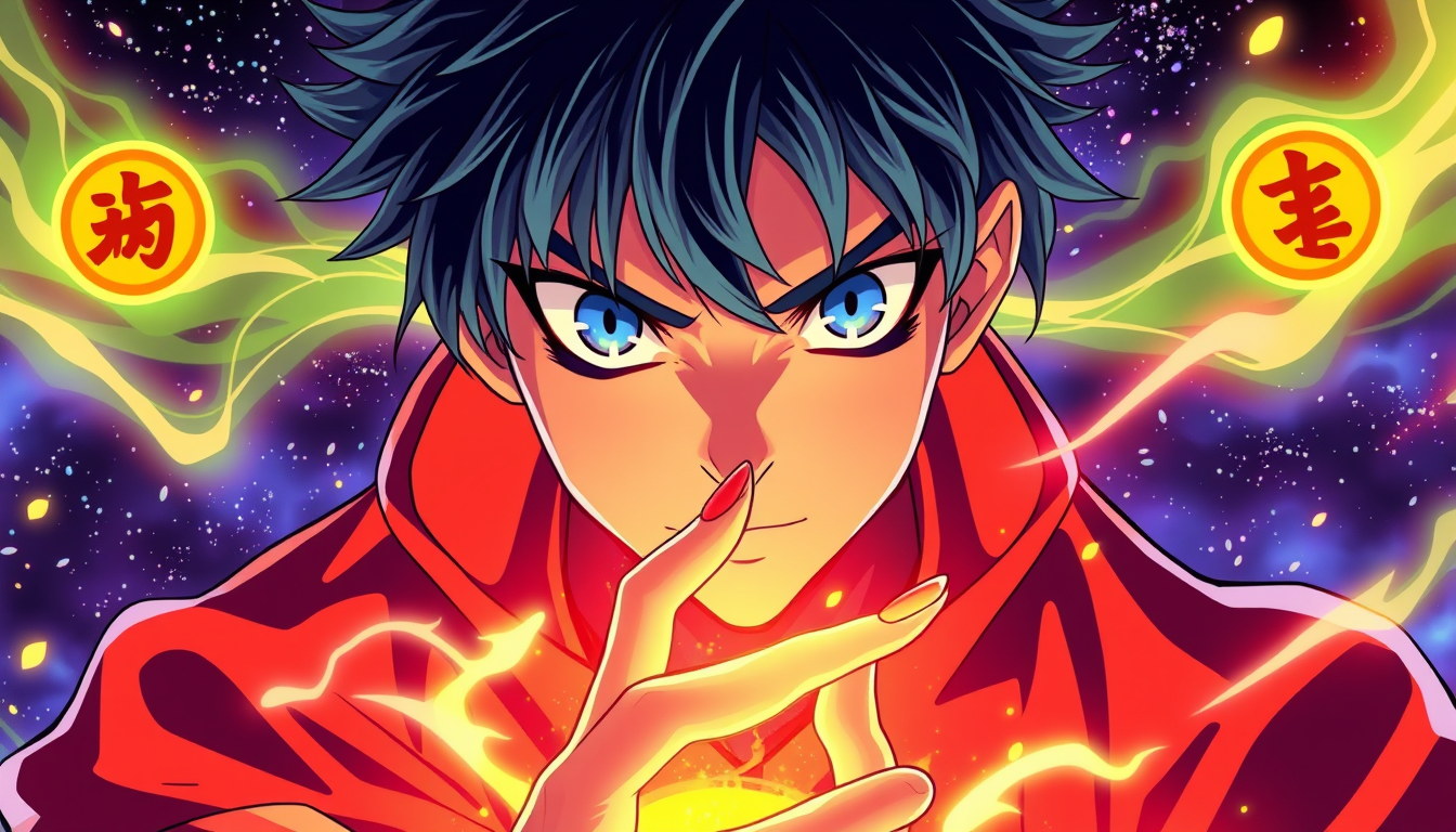 Anime idea: anime style, vibrant colors, expressive eyes, Gib mir eine neue, einzigartige jujutsu kaisen sphärenentfaltung mit Handzeichen und erklärung der fähig