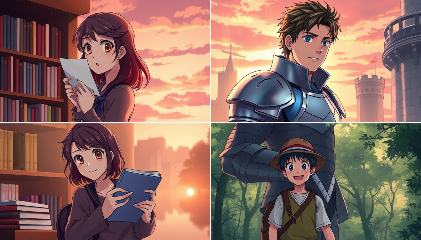 Main art studio: 2x2 anime contact sheet, four separate centered portraits with clear gutters, no text, polished cinematic PG-13 art. Top left: shy adult Nia in dusk b