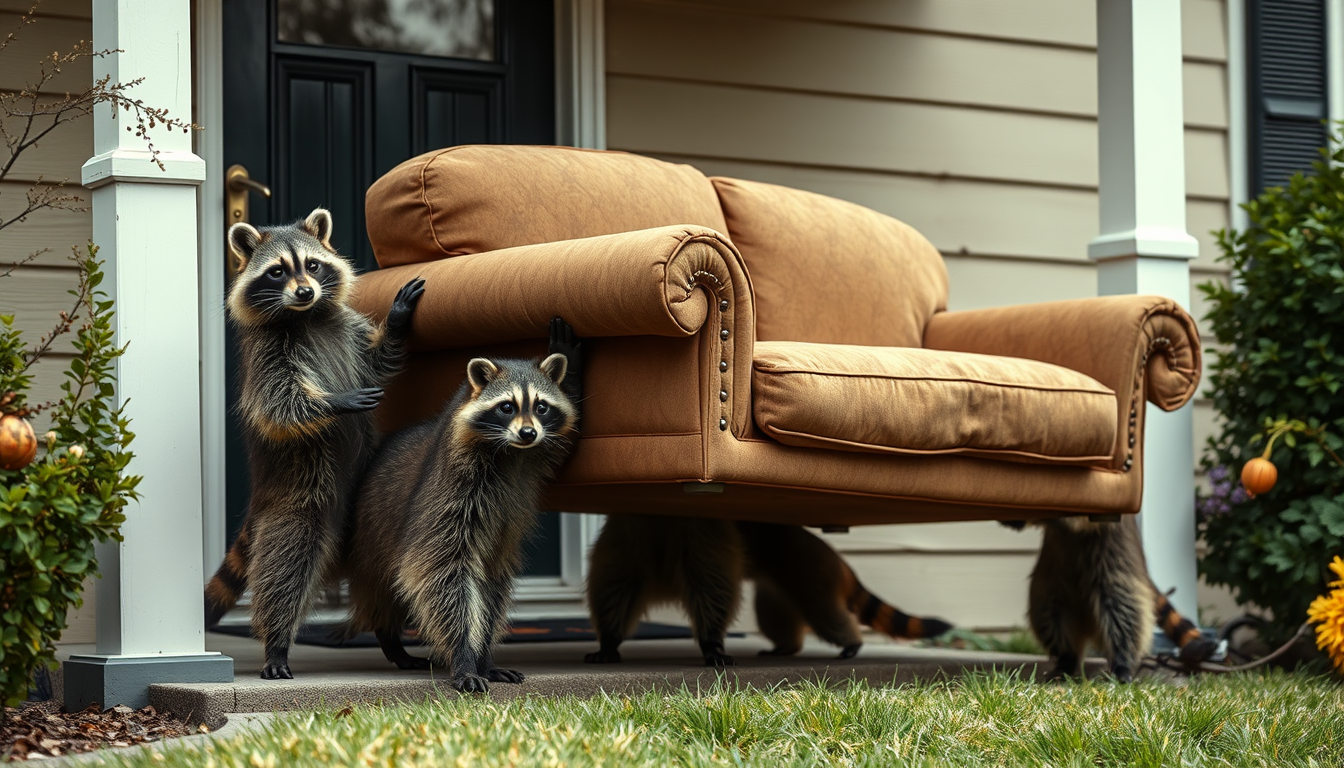 Main art studio: A family of raccoons dressed like professional movers carefully carries a couch up to the porch and rings the bell.