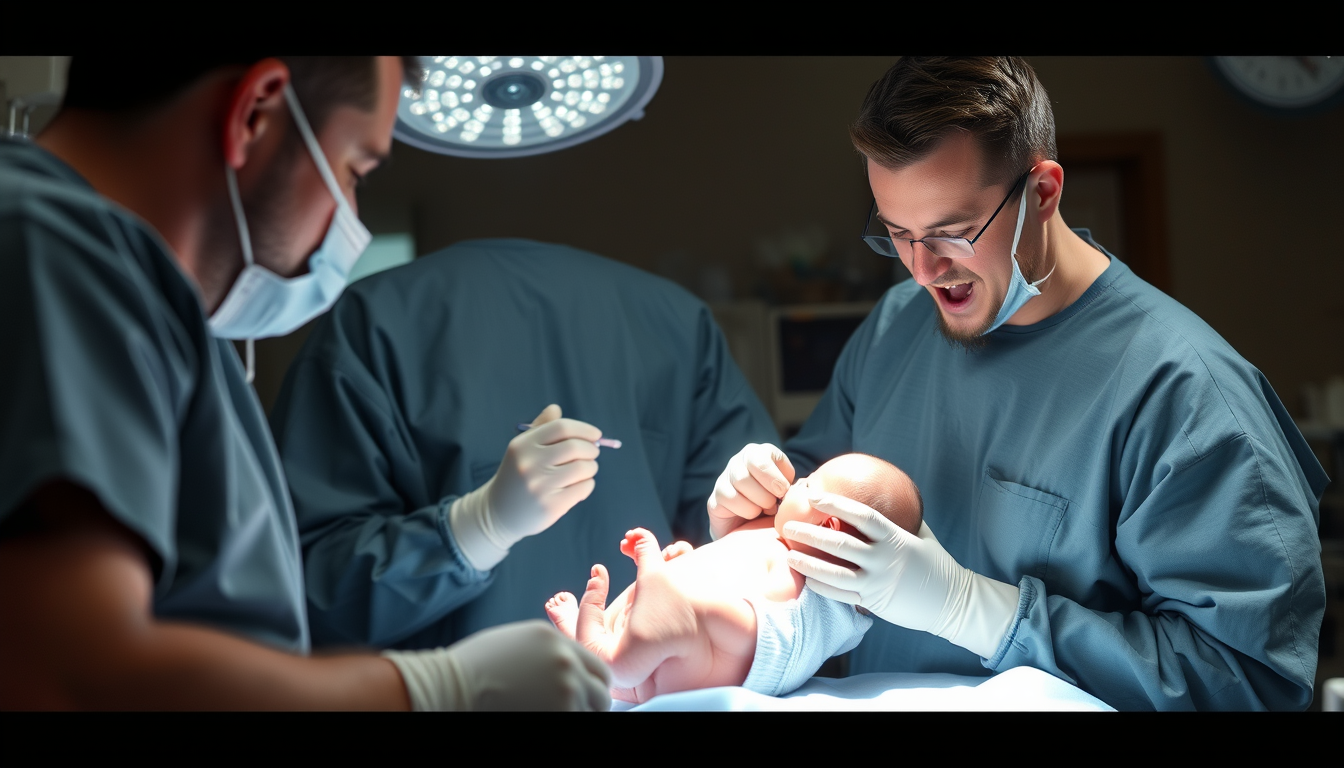 Main art studio: Image of a birth at the moment of delivery in the hands of a surgeon with a father yelling/// It's a boy!