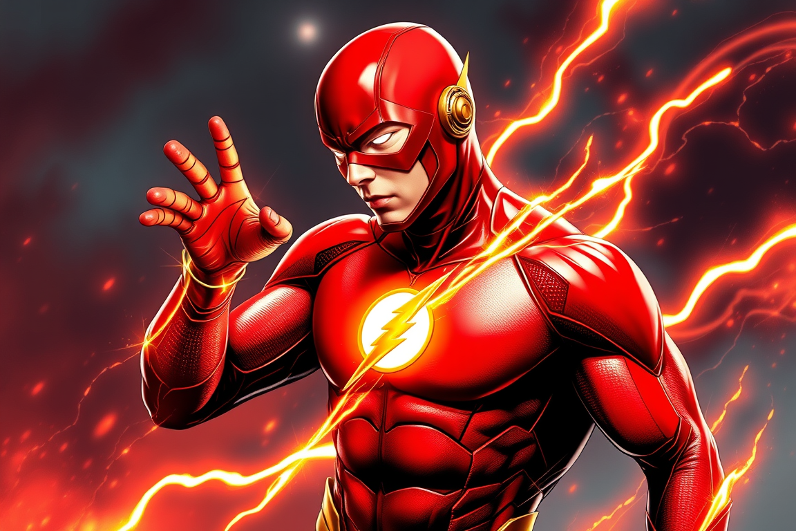 Main art studio: Il supereroe Flash che esegue una fleche schermistica con una spada in mano