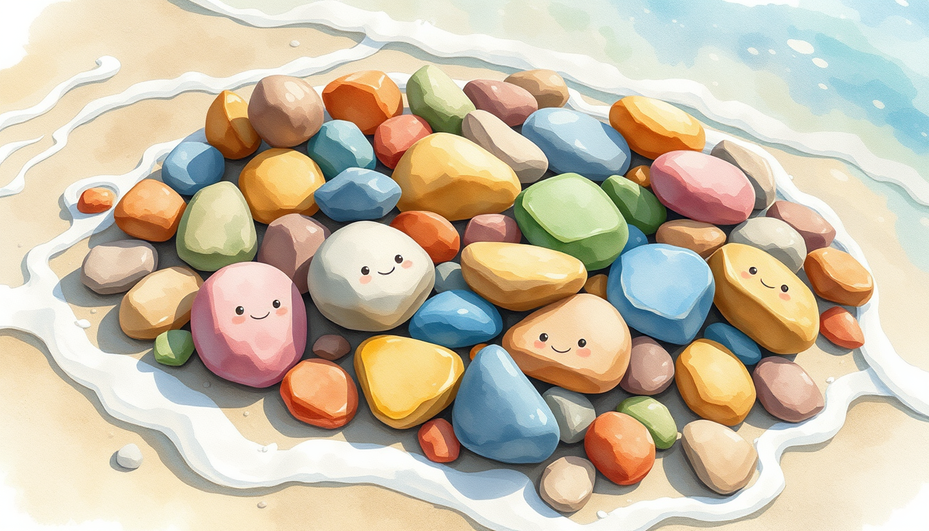 Main art studio: an illustration for the children book : Many colorful smooth stones lie together on the beach, surrounded by kind playful waves. The rocks seem happy,