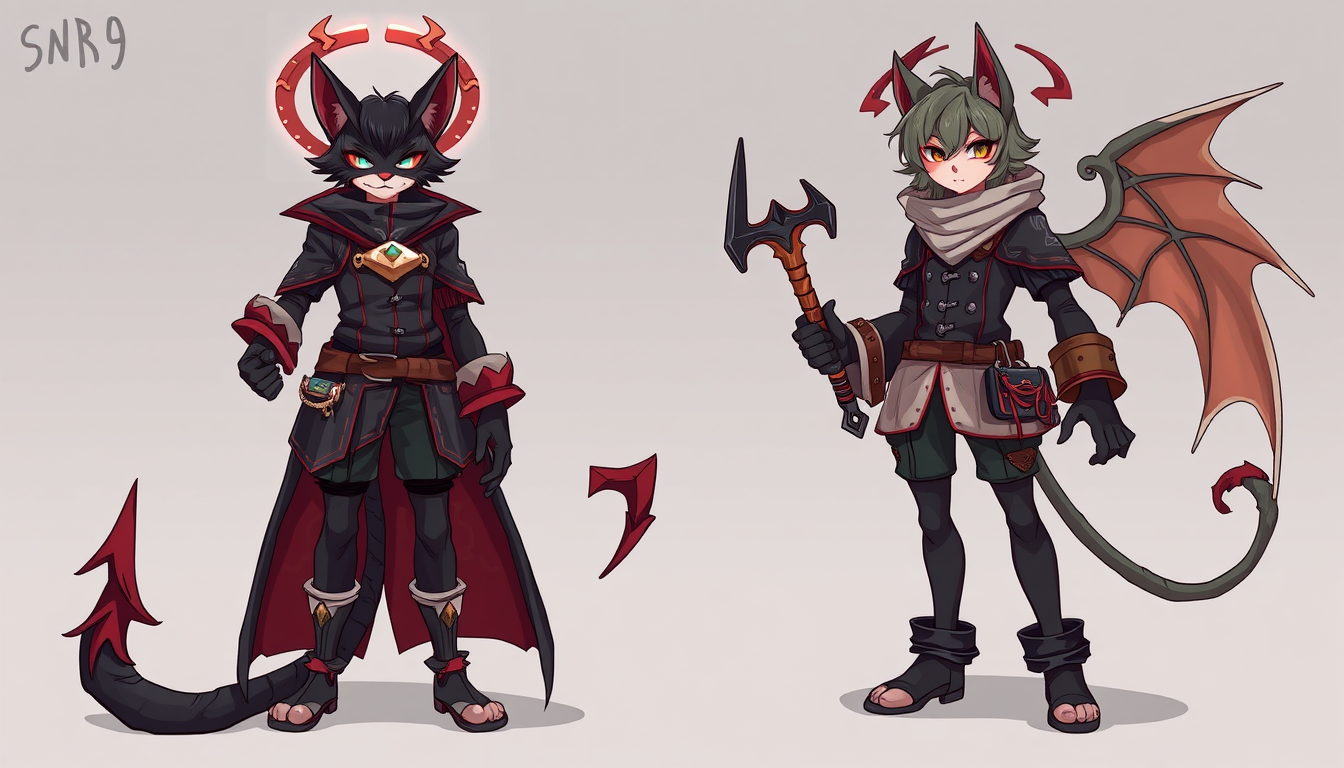 Characters idea: original character design, detailed outfit and accessories, expressive personality, It s bad and good cat devil and angle , character concept art illu