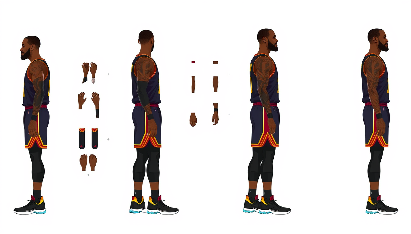 Main art studio: Transform the provided LeBron James image into a 2D animation-ready character sprite sheet. Keep his original appearance, facial features, hairstyle, 