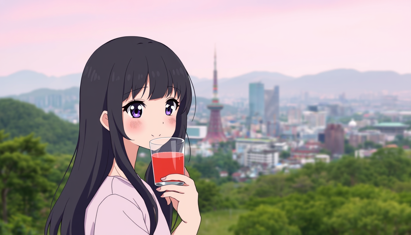 Main art studio: Un paysage de Séoul (Corée du Sud) ou on voit la N Seoul Tower et quelques immeuble et une fille aux cheveux longs noirs et aux yeux noirs avec fond v