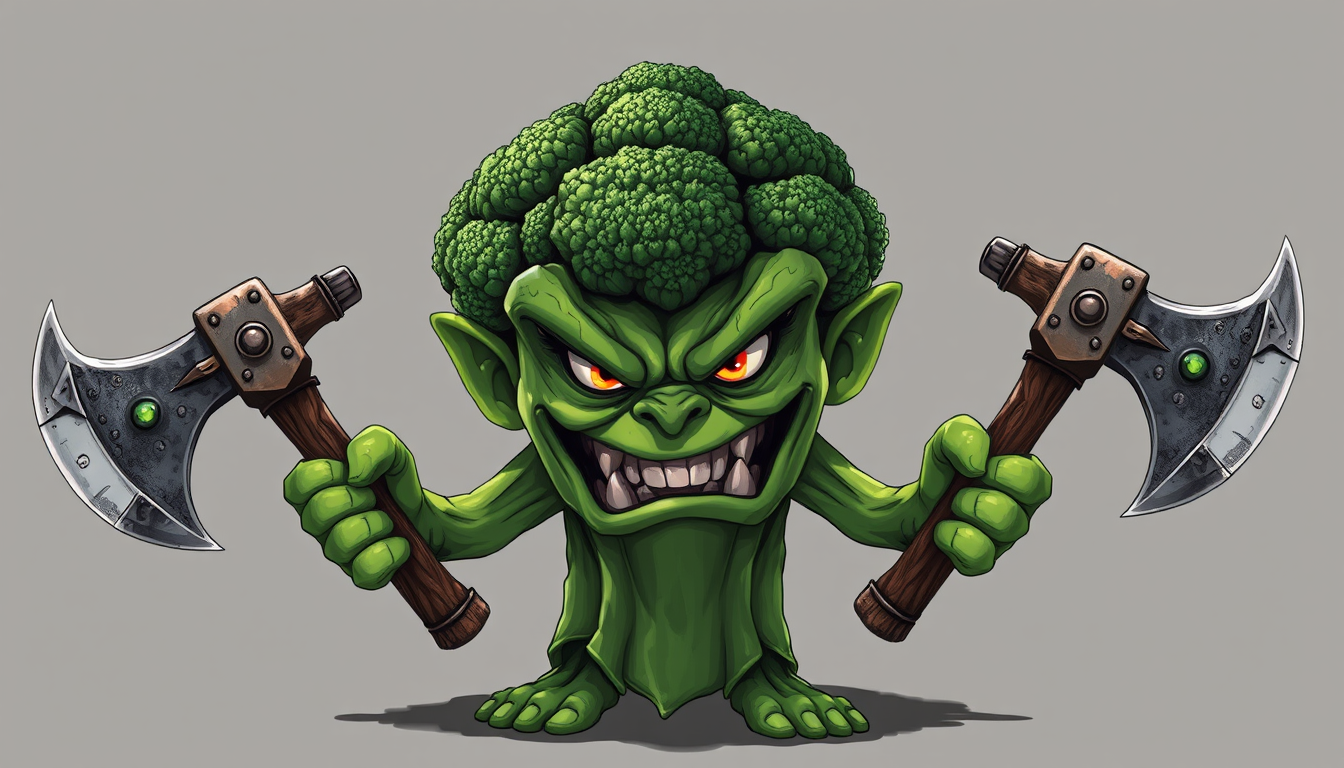 AI Art prompt example created from the prompt: an broccoli with angry face holding two battle axes with both hands and broccoli has a ring in his left ear make it like digital drawing and