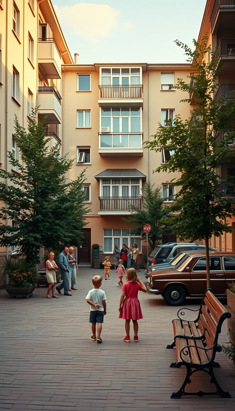 Main art studio: Photorealistic 1980s Eastern European residential courtyard, warm summer evening, five-story apartment buildings, children playing outside, adults tal