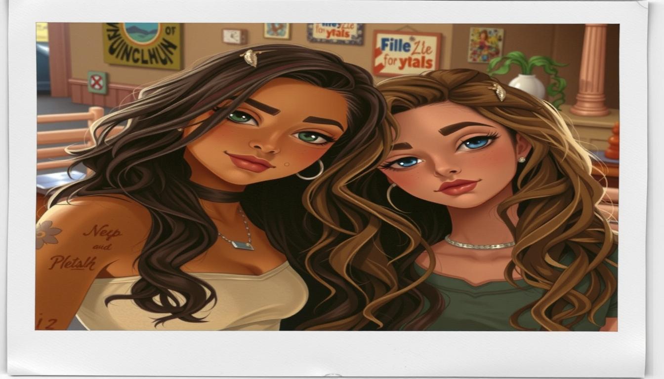 Main art studio: Modifica questa immagine mantenedola idenatica, ma spostando il neo della ragazza di sinistra sopra alle labbra e fai le ragazze di grandezza uguale