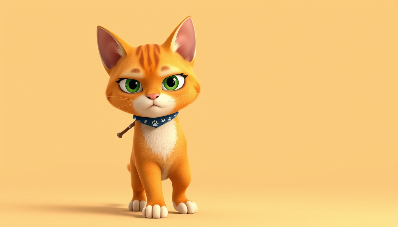 AI Art prompt example created from the prompt: Create a high-quality 3D animated cartoon character design of an adorable orange tabby cat named Kiko, designed for a professional children'