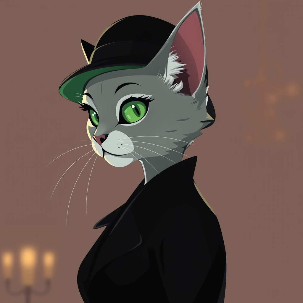 Main art studio: Image de profil. Style dessin. Chatte grise aux yeux verts émeraude, silhouette fine et gracieuse. Porte un imperméable noir cintré et un chapeau cloc