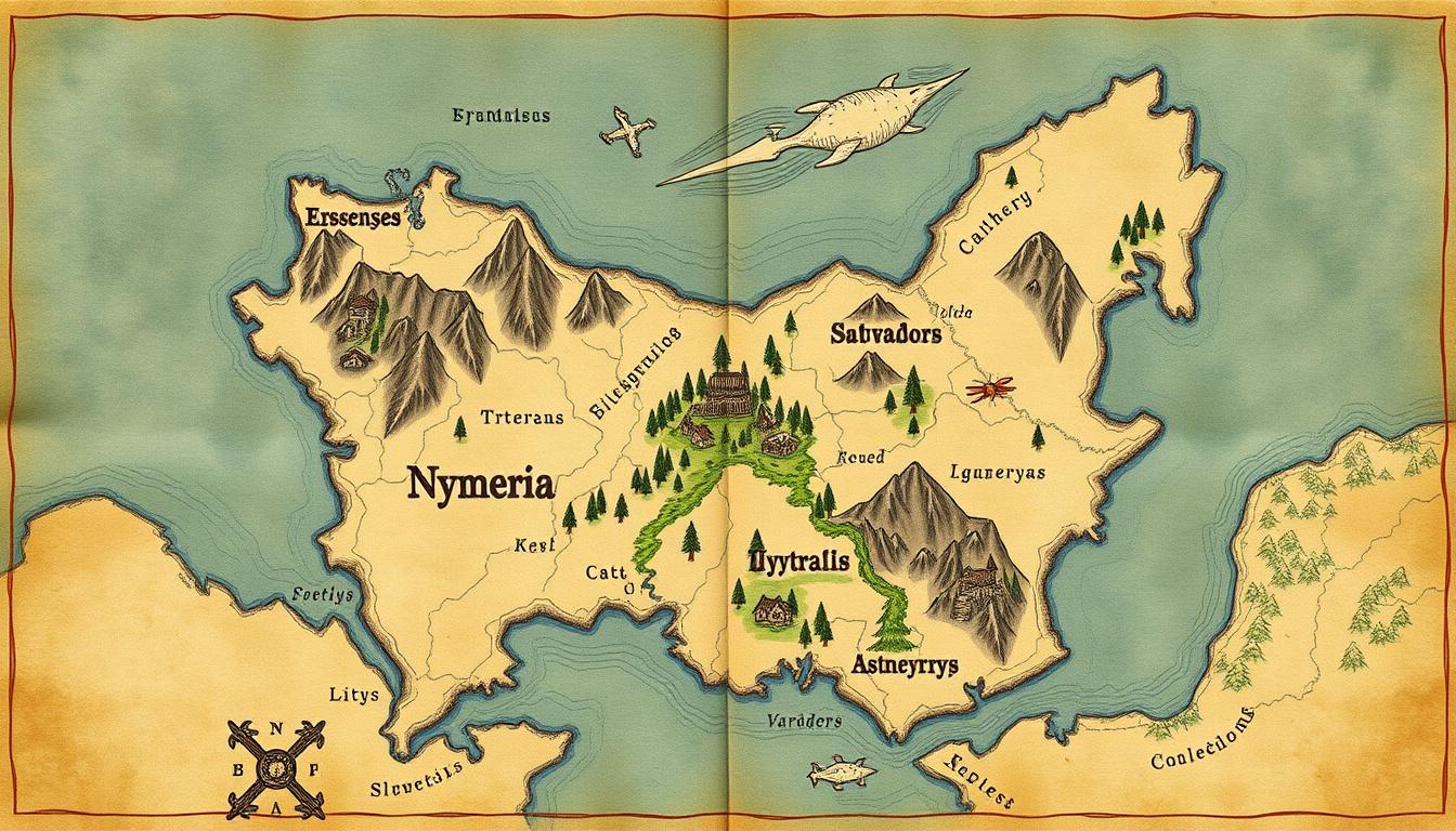 Fantasy Maps idea: fantasy world map, hand-drawn cartography, aged parchment, mountains forests and coastlines, Ya un continent Nyméria. Dans ce continent ya 4 royaumes