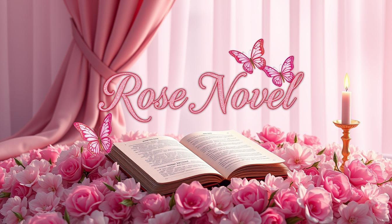 Main art studio: I want a logo of Rose Novel in gliterry light pink. and gold like a royal embelishment. At the bottom of the logo a book lying on a bed of flowers. On