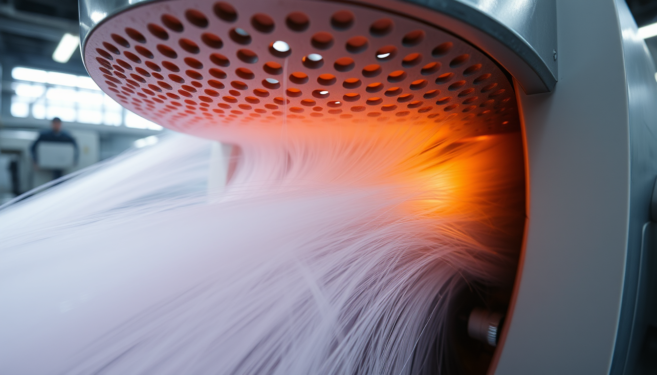 Main art studio: # Polyester Fabric — Part 3 Show molten polyester passing through a spinning machine with many tiny holes, forming long fine polyester fibers. The fib