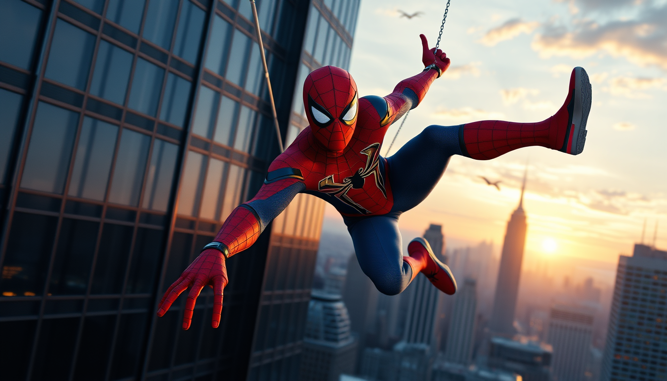 Main art studio: "A realistic Spider-Man swinging between New York City skyscrapers at sunset, dynamic action pose, detailed red and blue suit, cinematic lighting, ult