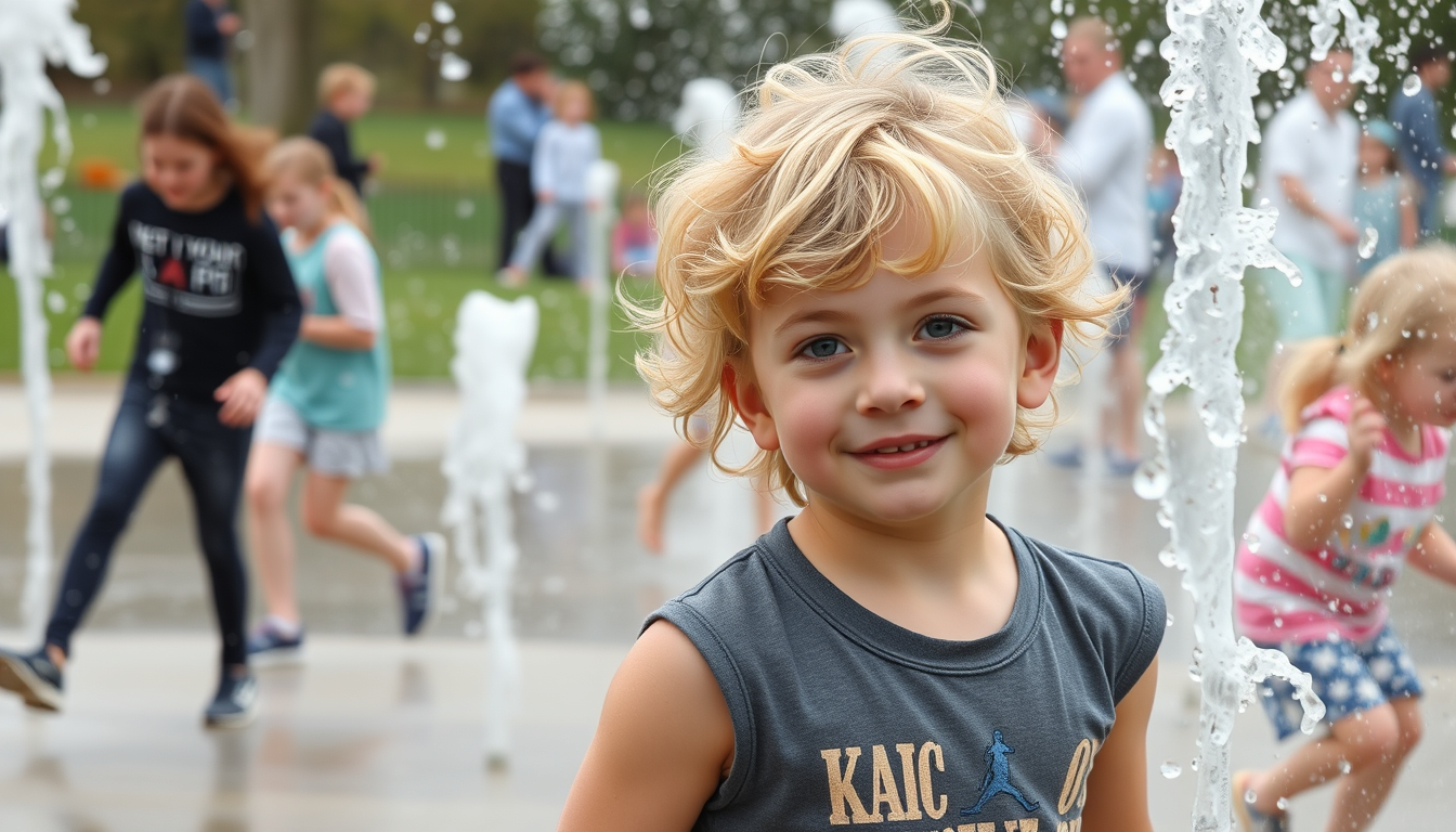 Main art studio: Make an image of a girl ( in the photo uploaded ) and a cute boy who is 12 and has blonde fluffy hair at Clapham Common splash pad with kids in the ba