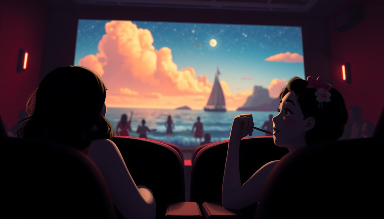 Main art studio: crie uma imagem com uma menina em um cinema asistino o filme da moana comendo pipoca em um cinema
