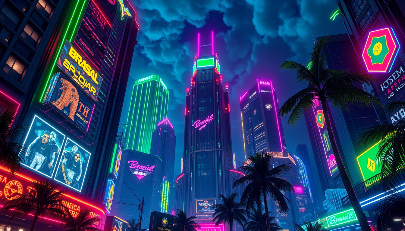 Cyberpunk idea: cyberpunk style, neon lights, futuristic city, Fondo futurista de discoteca inspirado en Brasil, manteniendo la misma composición, profundidad y persp