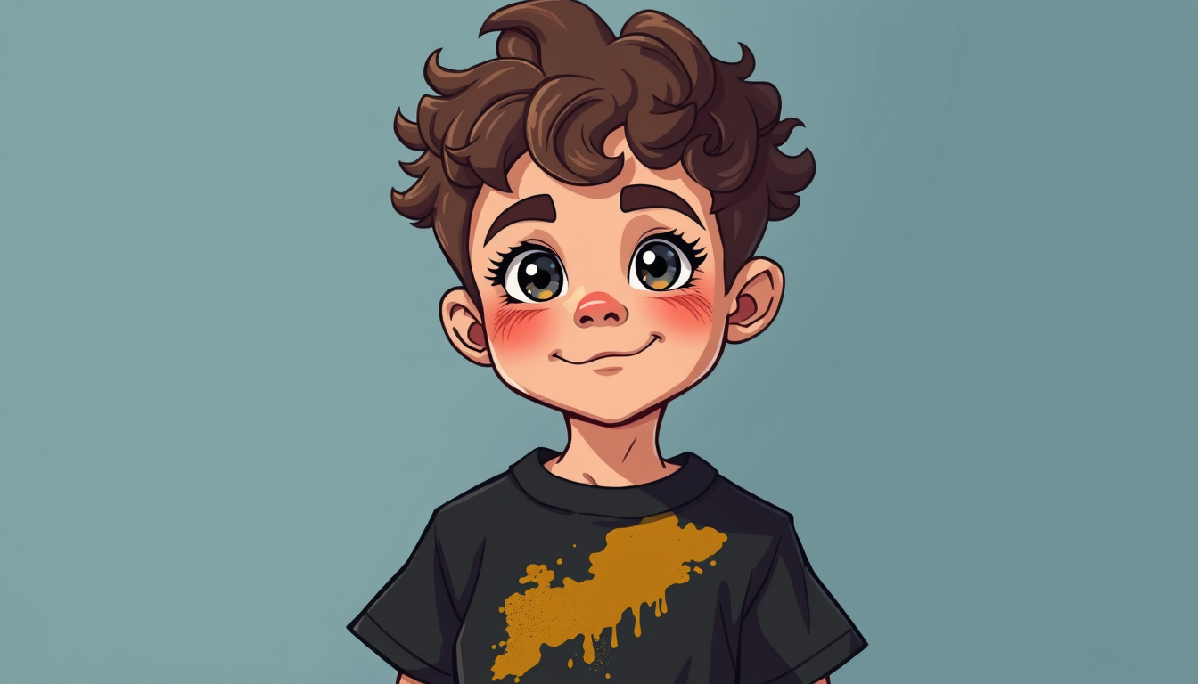 Characters idea: an original character defined by silhouette, role, outfit, palette, and expression, deliberate composition, a cute boy with curly hair. and chubby che