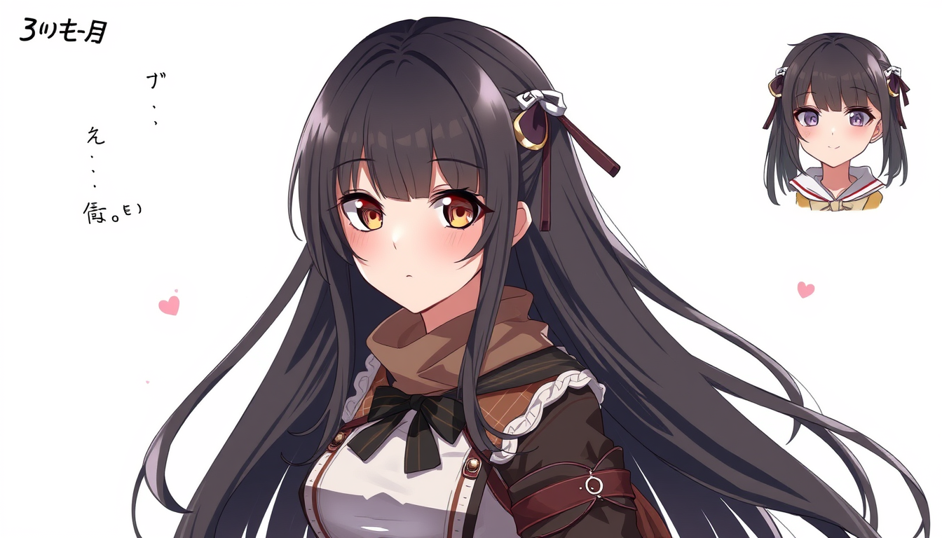 Characters idea: original character design, detailed outfit and accessories, expressive personality, A girl with long black hair, 158 cm tall and weighing 50 kg, with