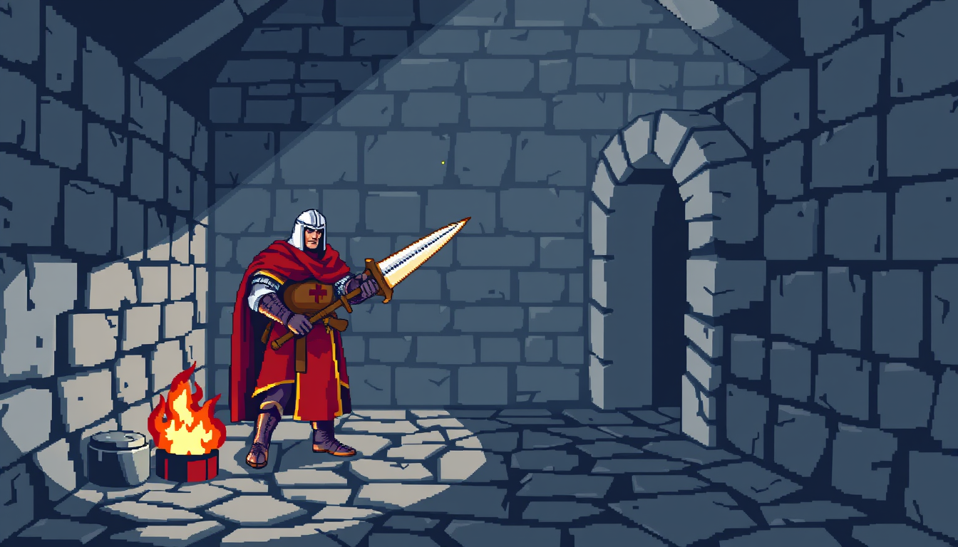 Pixel Art idea: pixel art, 32-bit retro style, limited color palette, clear readable design, Ein Ritter in voller Rüstung, der in einem Verlieskorridor mit Fackeln st