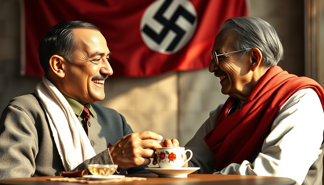 Realistic Images idea: photorealistic generated image, natural materials and skin texture, physically plausible lighting, make a pick of a adolf hitler and gandhi drinking t