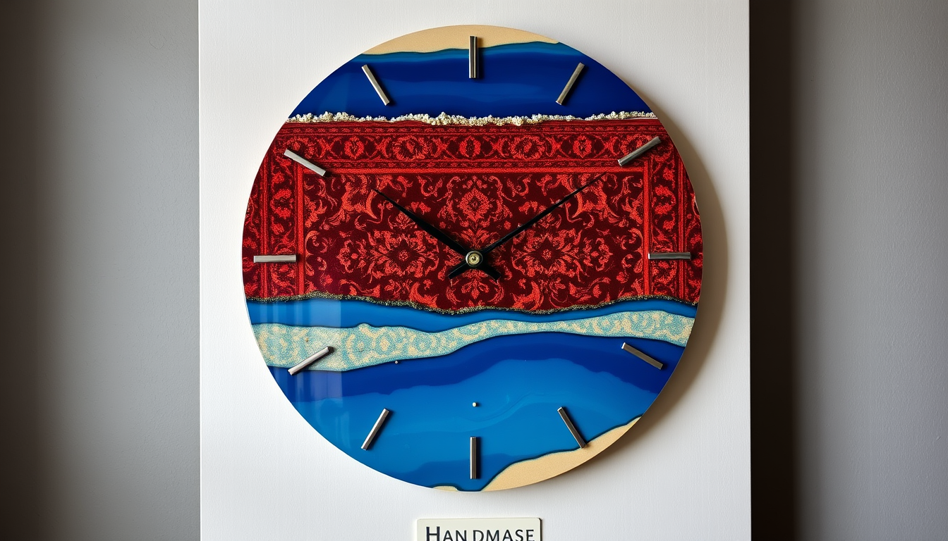 Main art studio: ### Image Prompt Handmade resin wall clock on MDF, simple modern round design. Raised Persian carpet stencil pattern with deep red velvet texture insi