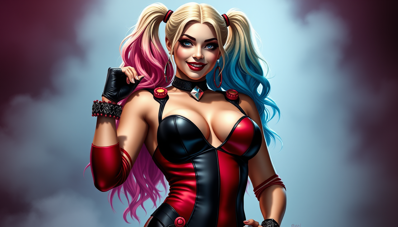 AI Art prompt example created from the prompt: Harley Quinn. Sexy, in very revealing outfit. Busty, wide hips