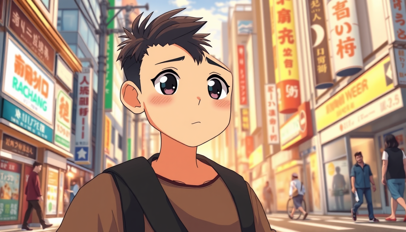 Anime idea: anime style, vibrant colors, expressive eyes, Japanese anime recruitment commercial. A young foreign worker walks through Tokyo in the morning, lookin