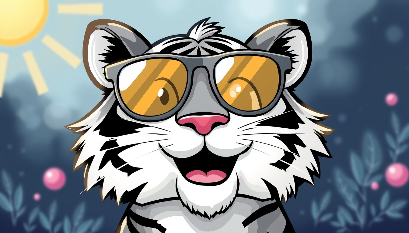 Main art studio: fröhlicher tiger mit Sonnenbrille. Malbuchstil: NUR LINIEN= Schwarz und weiß, es ist zum ausmalen. cartoonlike. OHNE farben