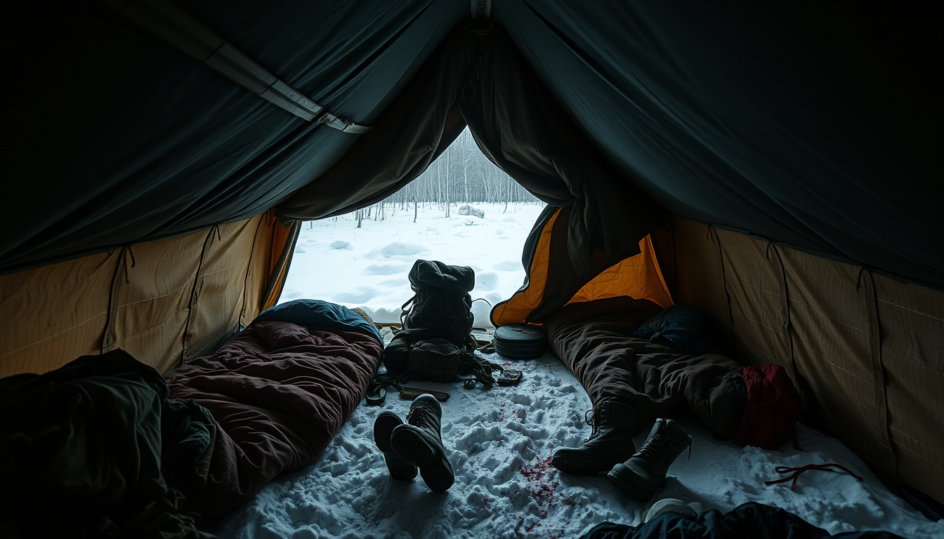 Main art studio: Interior of an abandoned Soviet winter expedition tent in 1959, sleeping bags, backpacks, boots and winter clothing still lying inside, realistic docu